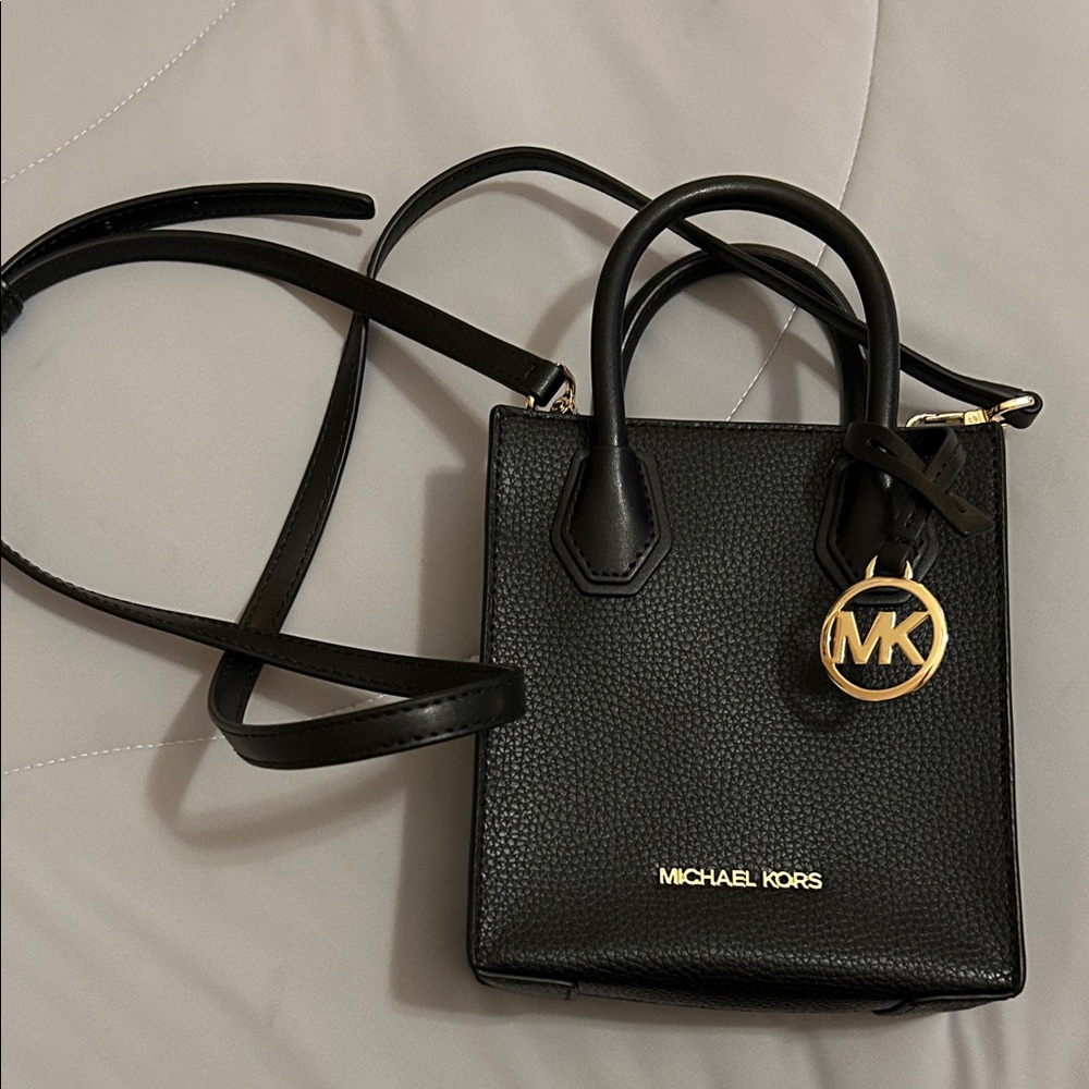Michael Kors Black Pebbled Leather Mini Crossbody Tote with Gold Accent